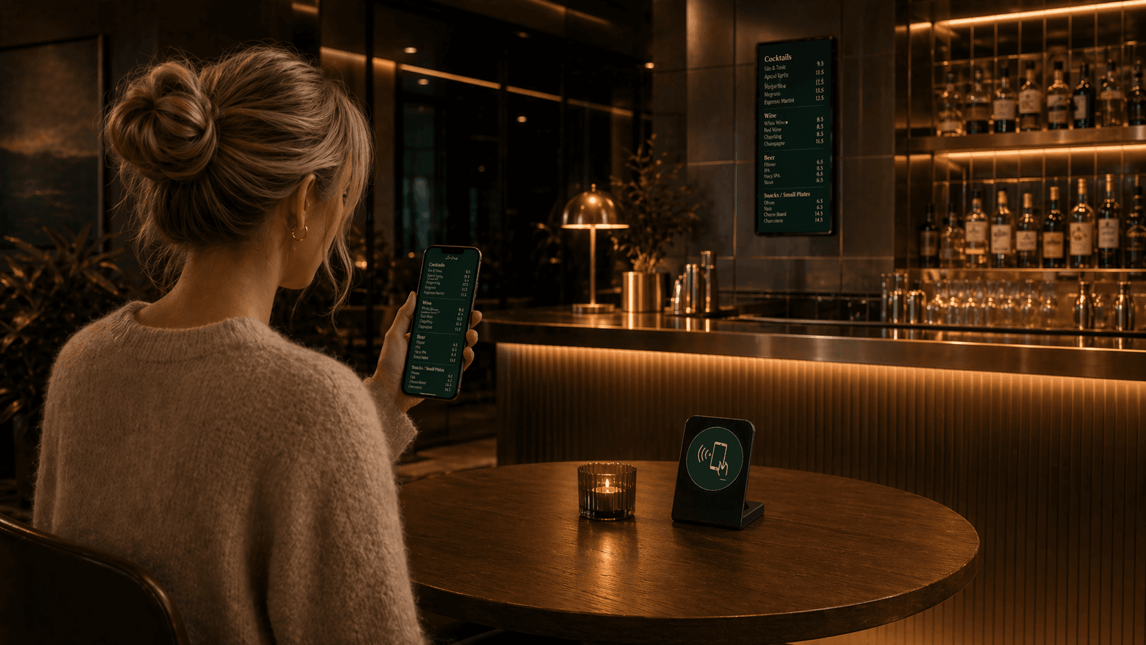 A guest at a bar taps their phone to a tagged stand — the menu appears on their screen and on the TV display above the counter.